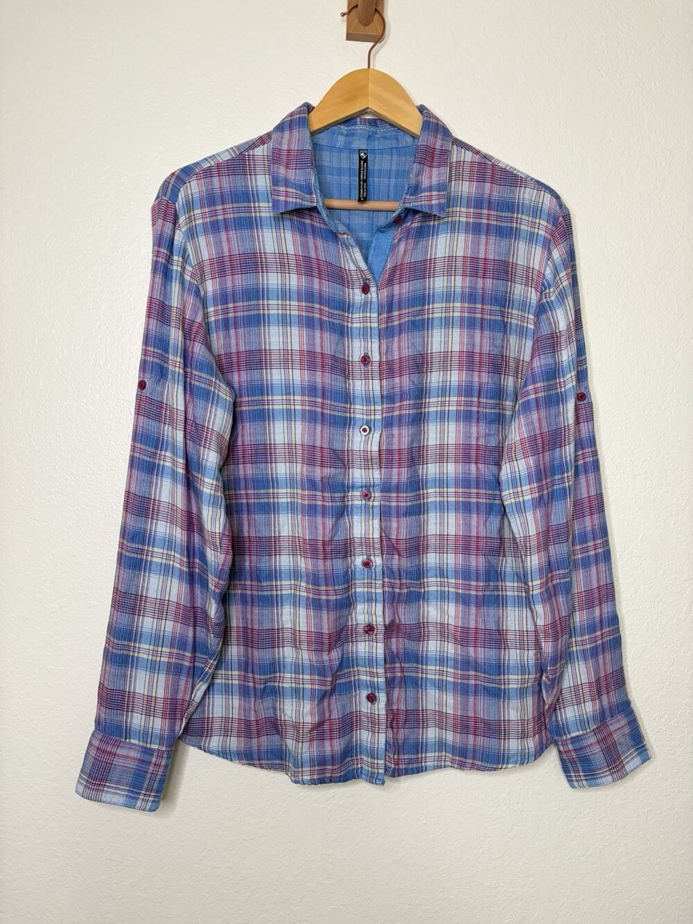 Kuhl Asta Long Sleeve Plaid Blue Purple Button Up Shirt Women's Size Large